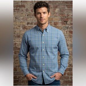 Peter Millar Easy Care 100% Cotton Multicolor Plaid Shirt Pastel Blue Pink Green